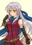  1girl belt book bow bracelet elbow_gloves fingerless_gloves fire_emblem fire_emblem:_akatsuki_no_megami gloves hair_bow half_updo hazuki_(nyorosuke) jewelry long_hair micaiah pantyhose ribbon scarf silver_hair simple_background smile solo yellow_eyes 