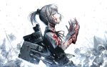  1girl blood blood_on_face blood_splatter bloody_clothes blue_eyes gloves hair_ornament hetza_(hellshock) kantai_collection looking_up personification pink_hair ponytail school_uniform shiranui_(kantai_collection) short_hair short_sleeves skirt white_gloves 