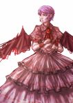  1girl bat_wings dress frilled_dress frills hat hat_removed headwear_removed long_dress pointy_ears puffy_short_sleeves puffy_sleeves purple_hair remilia_scarlet short_hair short_sleeves solo toribemon touhou wings wrist_cuffs 