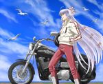  bird bow cigarette cloud contemporary fujiwara_no_mokou hair_bow hair_ribbon long_hair looking_up motor_vehicle motorcycle pants ribbon satsuki_hare_shin satsuki_harunobu seagull silver_hair sky smoke smoking sunglasses touhou vehicle 