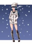  blue_eyes blue_hair boots breath cold hands_in_pockets hat hikari_(pokemon) long_hair nintendo pokemon satsuki_imonet snow 