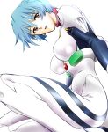  1girl ayanami_rei bad_id blue_hair neon_genesis_evangelion plugsuit red_eyes short_hair simple_background skin_tight smile solo taniyosi white_background 