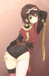  ass asymmetrical_clothes brown_hair gloves goggles goggles_on_head green_eyes highres looking_back neyo ribbon rita_mordio short_hair tales_of_(series) tales_of_vesperia thighhighs 