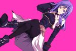  boots crossed_legs enitoguchi gloves lipstick long_hair maria_traydor pantyhose purple_eyes purple_hair simple_background sitting skirt smirk solo star_ocean star_ocean_till_the_end_of_time thighhighs violet_eyes 