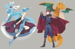  1boy 1girl aya_(emo) bad_id blue_eyes blue_hair bodysuit boots cape cousins dragon dragonair dragonite gloves grey_eyes gym_leader head_wings highres horns ibuki_(pokemon) poke_ball pokemon pokemon_(creature) pokemon_(game) pokemon_gsc ponytail red_hair wataru_(pokemon) 