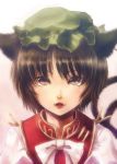  brown_eyes brown_hair bust cat_ears cat_tail chen fang fangs hat highres hyuuga_azuri multiple_tails open_mouth realistic short_hair solo tail touhou 
