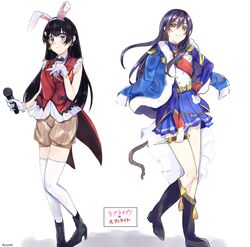  2girls absurdres animal_ears bangs black_hair blue_eyes blue_hair blush commentary_request cosplay costume_switch earrings full_body gloves hair_between_eyes hair_ornament highres holding holding_microphone jacket jewelry kagura_hikari korekara_no_someday long_hair looking_at_viewer love_live! love_live!_school_idol_festival love_live!_school_idol_project microphone mimori_suzuko multiple_girls parted_lips pleated_skirt rabbit_ears seiyuu_connection shoujo_kageki_revue_starlight simple_background skirt smile sonoda_umi sparkle_hair_ornament standing thigh-highs weapon white_background white_gloves white_legwear yellow_eyes 