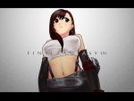  breasts brown_eyes brown_hair earrings final_fantasy final_fantasy_vii gloves jewelry large_breasts lips long_hair midriff solo suspenders taut_shirt tifa_lockhart title_drop 