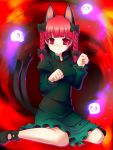  animal_ears bad_id bangs blunt_bangs bow braid cat_ears cat_tail dress extra_ears floating_skull glowing green_dress hair_bow hair_ribbon kaenbyou_rin multiple_tails paw_pose red_eyes red_hair redhead ribbon short_hair sitting skull solo tail touhou tsukumiya_amane twin_braids twintails wariza 