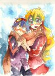  1girl blue_hair couple goggles goggles_on_head hand_holding height_difference holding_hands long_hair multicolored_hair nia_teppelin scarf simon tehryu tengen_toppa_gurren_lagann traditional_media watercolor_(medium) 