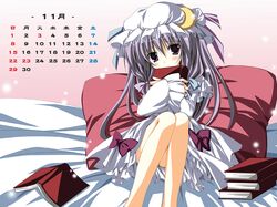  book calendar crescent hair_ribbon hat highres korie_riko november patchouli_knowledge pillow ribbon sitting touhou 