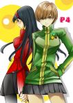  amagi_yukiko bad_id black_eyes black_hair blush breasts brown_eyes brown_hair hairband hand_holding holding_hands jacket kisaragi_ritsuka long_hair looking_back multiple_girls pantyhose persona persona_4 pins satonaka_chie school_uniform serafuku short_hair skirt smile track_jacket 