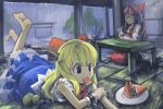  barefoot blonde_hair bow brown_hair detached_sleeves eating feet food fruit gua guahhh hakurei_reimu horns ibuki_suika legs_up long_hair lying multiple_girls on_stomach rain red_eyes seiza short_hair sitting tatami torii touhou watermelon 