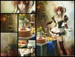  apple artist_request banana breasts brown_hair cake candle cleavage eat elbow_gloves flower food fruit garden gloves hair_ribbon holding legs maid original pastry plants realistic ribbon strawberry thighhighs twintails vines 