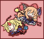  blonde_hair blush bow chain chains chibi fang hair_bow horn horn_ribbon horns hoshiguma_yuugi ibuki_suika long_hair multiple_girls orange_hair ribbon shackle touhou yanagi_(artist) |_| 