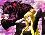  avavago_(parody) bayonetta bayonetta_(character) bayonetta_(cosplay) bespectacled blonde_hair bow breasts candy cleavage cosplay dragon formal gap glasses gomorrah_(bayonetta) lollipop long_hair ponytail ribbon soubi tongue touhou witch yakumo_yukari 