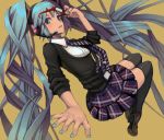  adjusting_glasses aqua_hair bespectacled cardigan drawr face glasses goe hatsune_miku headset long_hair nail_polish necktie plaid plaid_skirt school_uniform simple_background skirt sleeves_pushed_up solo sweater tartan thigh-highs thighhighs twintails very_long_hair vocaloid zettai_ryouiki 