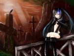  black_hair black_rock_shooter black_rock_shooter_(character) blue_eyes boots cross crow glowing glowing_eyes grave graveyard long_hair noirly solo twintails 