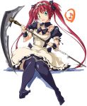  blush breasts cleavage green_eyes large_breasts long_hair maid queen&#039;s_blade queen's_blade red_hair redhead ribbon scythe sitting smile solo thigh-highs thighhighs twintails umanosuke zettai_ryouiki 