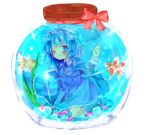  blue_eyes blue_hair fish fishbowl hair_bobbles hair_ornament in_bottle in_container kawashiro_nitori key kohina minigirl short_hair touhou wink yuko_(kohina) 