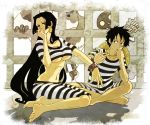  1boy 1girl black_hair blugori blush boa_hancock breasts cleavage cow cuffs earrings embarrassed feet handcuffs hat impel_down jewelry large_breasts long_hair monkey_d_luffy one_piece pon_(puppupon) prison prison_clothes prisoner sitting straw_hat striped underboob very_long_hair 