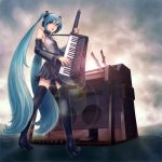  hands hanji_(hansi) hatsune_miku instrument keyboard keyboard_(instrument) keytar knife legs long_hair open_mouth shinichi_tahara skirt thigh-highs thighhighs very_long_hair vocaloid zettai_ryouiki 