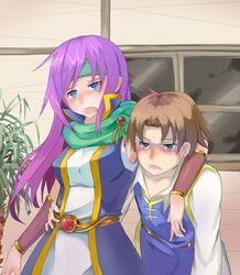  arm_around_neck belt blue_eyes blush brown_hair butz_klauser drunk faris_scherwiz final_fantasy final_fantasy_v grey_eyes headband long_hair pin_(object) purple_hair scarf sheena_maru short_hair tomboy 