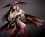  1girl bat_wings breasts capcom cleavage darkstalkers fuumi fuumi_(black) green_hair head_wings headwings highres long_hair morrigan_aensland pantyhose solo vampire_(game) wings yellow_eyes 