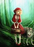  basket big_bad_wolf big_bad_wolf_(grimm) blonde_hair breasts cleavage dress forest green_eyes grimm's_fairy_tales hood large_breasts little_red_riding_hood little_red_riding_hood_(grimm) nature tansui_nue wolf 