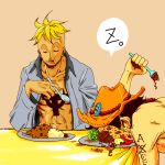  brown_hair curry eating food food_on_face fork hat karukaradon818 male marco one_piece open_clothes open_shirt portgas_d_ace shirt sleeping spoon tattoo z 