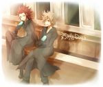  axel bad_id blonde_hair blue_eyes eating food green_eyes hood ice_cream kingdom_hearts kingdom_hearts_358/2_days long_hair male multiple_boys organization_xiii popsicle red_hair redhead roxas short_hair sitting smile tetsuo 