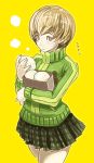  brown_eyes brown_hair eroquis food jacket miniskirt persona persona_4 satonaka_chie short_hair skirt 