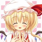  blush closed_eyes fang flandre_scarlet hands hat open_mouth short_hair side_ponytail smile touhou wings yamasan 