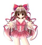  alternate_costume bare_shoulders bow brown_hair bustier detached_sleeves hair_bow hakurei_reimu kino_(kino_konomi) kino_konomi lingerie long_hair looking_at_viewer outstretched_arms outstretched_hand panties ponytail see-through simple_background smile solo tareme touhou underwear yellow_eyes 