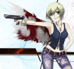  aya_brea belts blonde_hair bracelet breasts cleavage green_eyes gun jeans necklace pants parasite_eve parasite_eve_the_3rd_birthday sararajin short_hair smile torn_clothes vest 