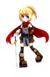 cape character_request noirly ponytail purple_eyes sword violet_eyes weapon 