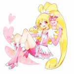  1girl aida_mana arm_warmers bike_shorts blonde_hair boots bow brooch choker creature cure_heart curly_hair dokidoki!_precure half_updo heart highres jewelry long_hair magical_girl nogi_toa_(sorajio) pink_eyes ponytail precure rabbit ribbon sharuru_(dokidoki!_precure) shorts_under_skirt skirt smile 