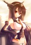  1girl black_hair blush breasts elbow_gloves fingerless_gloves gloves headgear kantai_collection long_hair looking_at_viewer nagato_(kantai_collection) personification red_eyes smile solo syroh 