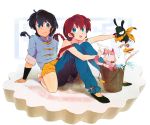  1boy 1girl apple-boy bare_legs bird blue_eyes braid bucket cat censored chinese_clothes convenient_censoring dual_persona duck genderswap hibiki_ryouga highres mousse neck off_shoulder p-chan pig ranma-chan ranma_1/2 redhead saotome_ranma shampoo_(ranma_1/2) short_hair shorts single_braid sitting topless 