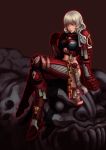  1girl adapted_costume armor blood blood_angels blood_from_mouth boots breasts gauntlets genderswap gloves heresy l_axe midriff navel pauldrons pink_eyes power_armor purity_seal short_hair skull solo space_marine thigh_boots thighhighs warhammer_40k white_hair 