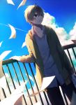  1boy blue_sky cloudy_sky flying_paper funota grey_hair hoodie kagerou_project kokonose_haruka necktie notebook paper rooftop short_hair sky solo summertime_record_(vocaloid) 