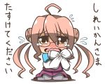  1girl ahoge brown_hair chibi double_bun feiton glasses kantai_collection long_hair looking_at_viewer makigumo_(kantai_collection) open_mouth personification sitting sleeves_past_wrists solo tears tied_up wavy_mouth yellow_eyes 