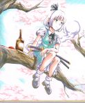  1girl ankle_socks arm_rest ascot blue_eyes blue_sky bottle cherry_blossoms clouds facing_away graphite_(medium) hair_ribbon highres in_tree katana kodachi koji_(koji-a) konpaku_youmu konpaku_youmu_(ghost) marker_(medium) mary_janes outdoors puffy_short_sleeves puffy_sleeves ribbon shikishi shoes short_hair short_sleeves short_sword sitting skirt skirt_set sky smile solo sword touhou traditional_media tree tree_branch weapon white_hair 