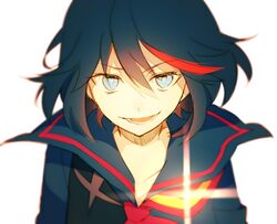  1girl achiki black_hair blue_eyes face glowing glowing_eye kill_la_kill living_clothes looking_at_viewer matoi_ryuuko multicolored_hair open_mouth redhead school_uniform senketsu serafuku short_hair smile solo two-tone_hair 