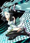  1girl aqua_hair blue_eyes boots elbow_gloves floating_hair gloves hand_on_headphones hatsune_miku headphones headphones_removed headset highres long_hair open_mouth pikushibuaidhy solo thigh_boots thighhighs twintails vocaloid 