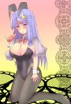  1girl animal_ears black_legwear bowtie breasts bunnysuit capelet carrot cleavage crescent detached_collar highres large_breasts leotard long_hair pantyhose patchouli_knowledge purple_hair rabbit_ears solo souma_(ordures) touhou violet_eyes wrist_cuffs 