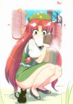  1girl amisu back blue_eyes blush braid cat chen chen_(cat) chinese_clothes eating error flower food hat heart heart_tail high_heels hong_meiling long_hair mittens multiple_tails nikuman petals redhead revision shoes side_slit skirt solo squatting star tail touhou twin_braids 