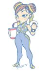  1girl alternate_color alternate_hairstyle blush bodysuit braid brown_hair chibi chun-li crop_top double_bun drink drinking_straw food french_braid highres nikuman robert_porter shoes sneakers solo street_fighter street_fighter_zero wide_hips 