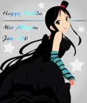  1girl akiyama_mio birthday black_dress black_eyes black_hair character_name dated don&#039;t_say_&quot;lazy&quot; dress fingerless_gloves gloves happy_birthday hat k-on! kaiman long_hair looking_back mini_top_hat smile solo star top_hat 