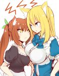  2girls :&lt; alternate_costume angry animal_ears aoi_(naomi) blonde_hair blue_eyes bow breast_poke breasts brown_hair cat_ears enmaided eye_contact fang fox_ears frills huge_breasts impossible_clothes impossible_shirt long_hair looking_at_another maid multiple_girls naomi_(sekai_no_hate_no_kissaten) neko_(naomi) original poking twintails yellow_eyes 